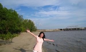 happy with the scenic background